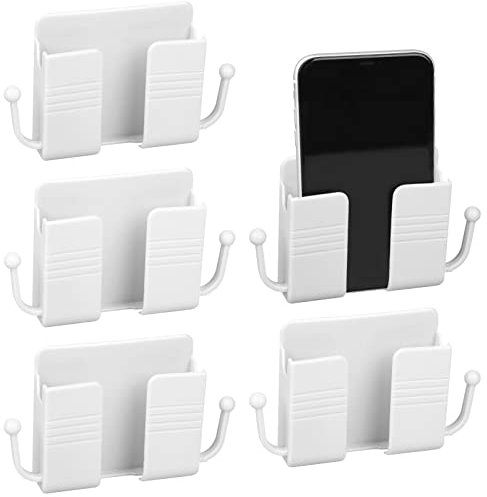 5PCS Wall Mount Phone Holder with Hooks - Plastic Wall Organizer Storage Box Charging Stand Remote Control Holder for Home Bedroom Living Room