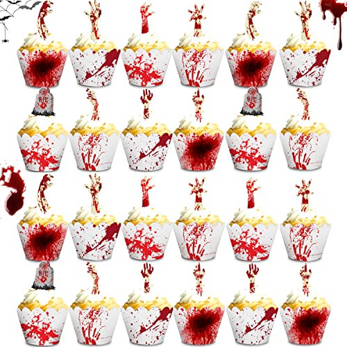 Yueser Halloween Cupcake Wrapper,Halloween Cupcake Topper,Cupcake Toppers Wrappers,Orrore Cupcake Toppers Involucri Torta Festa Decorazione per Torta Horror Pirottini Muffin Mani Insanguinate 24 Paia