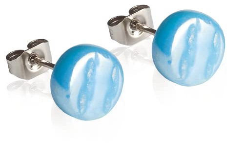 Runde Ohrstecker mit blauem Stein in Perlmuttoptik • Bunte Ohrringe für Damen • Nachhaltiger Modeschmuck aus Edelstahl & Glas • Ø 8mm