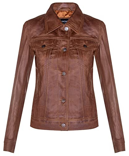 Ladies Tan Brown Leather Trucker Jacket Classic Western Casual Denim Jeans Jacket M