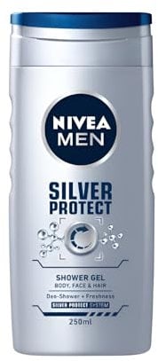 Nivea Shower Gel 250 ml Men Silver Protect Cleansing Caring Silver Innovative 99% Biodegradable Formula with Ions for All Skin Types for Body, Face and Hair (Pack of 5)