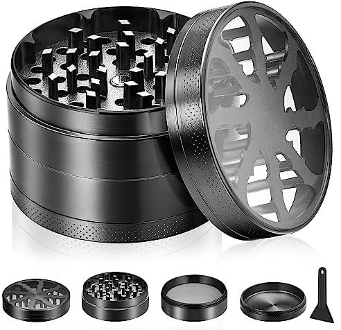 Anpro Herb Grinder Premium Zinc Alloy - 4 Layers Portable Herbal Grinder with Transparent Magnetic Top Cover, Mesh Screen, Pollen Scraper -Black, 63 mm / 2.5 in
