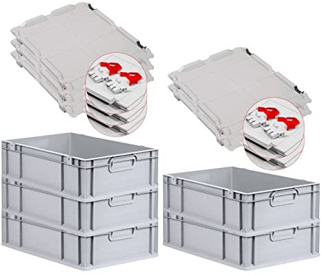 PROREGAL SuperSparSet 5x Eurobox NextGen Grip mit Scharnierdeckel und roten Schiebeschnappverschlüssen, HxBxT 17x40x60cm, 34 L, Grau, Griffe geschlossen, Eurobehälter, Transportbox