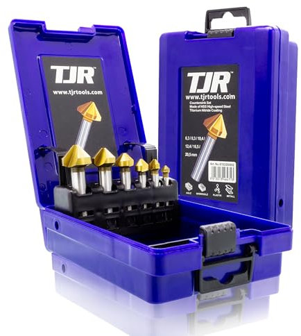 TJR® Svasatore a 90° diametro 6,3 – 20,5 mm in acciaio HSS con rivestimento TiN – Davvero affilato – Kit svasato e sbavatura per legno, metallo e plastica in pratica scatola