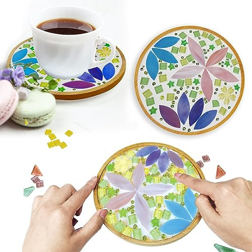 Glas-Mosaikfliesen, Mosaik-Set mit 15.5 cm Bambus-Untersetzer, Basteln für Erwachsene, gemischte Farben, Mosaik-Set, Mosaik-Bastelmaterialien, Paket, handgefertigte Heimdekoration, Geschenke (Rund 1)