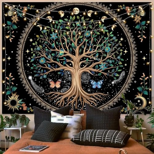 Lunerfex Arazzo con albero della vita, sole e luna, motivo floreale, stile bohémien, mandala, da appendere alla parete, per camera da letto e soggiorno, decorazione con albero verde, 111 x 152 cm