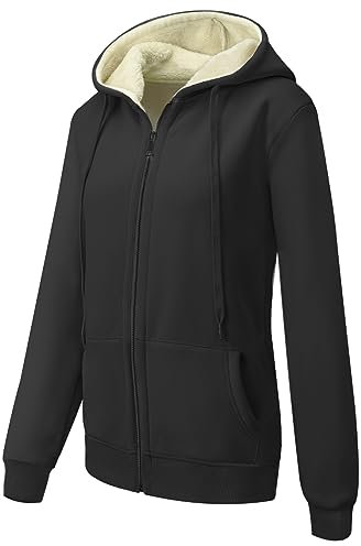 MOVE BEYOND Giubbotto Felpa da Donna con Cappuccio Foderato in Pile Caldo Giacca Invernale a Maniche Lunghe con Zip Hoodie Casual Monocolore, Nero, M