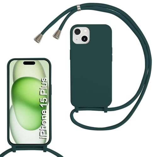 MBSLFY Lanyard Case for iPhone 15 Plus, Liquid Silicone Protective Phone Case with Strap Adjustable Neck Cord Necklace Soft Cover for iPhone 15 Plus, Dark green