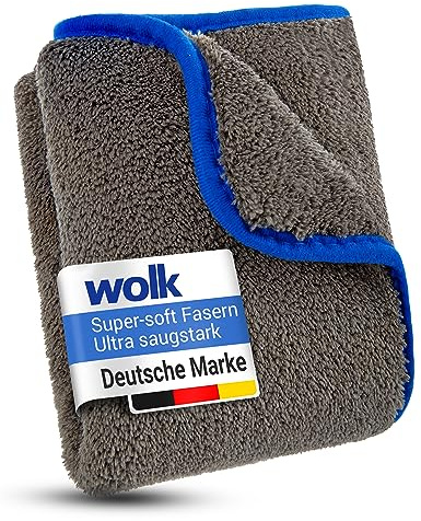 wolk Auto Trockentuch 1200 GSM, Mikrofasertuch Auto 40x40 cm, saugstark | 1200 GSM Premium-Mikrofaser für hohe Wasseraufnahme. Fusselfrei, lackschonend und streifenfrei in Grau/Blau.
