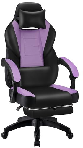T-THREE.High-back ergonomic computer chair, gaming seat, office and study swivel chair, racing-style with adjustable lumbar and headrest support, 150kg capacity, includes footrest.(Purple)