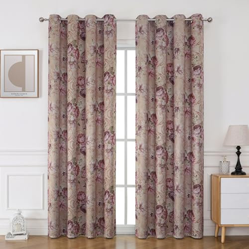 BUHUA 2er-Set Blickdicht Vorhänge mit Blumen Vintage Vorhang Rural Gardinen Ösenvorhang Elegante Verdunkelung für Schlafzimmer Wohnzimmer, H 225 x B 132 cm, Lila Pink