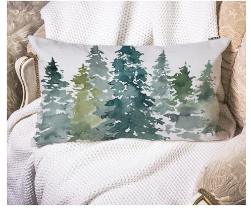 EKOBLA Dekorativer Kissenbezug mit Aquarell-Tannen, Wald, Nadelbaum, Dschungel, länglich, rechteckig, für Sofa, Bett, Couch, Baumwollleinen, 30,5 x 50,8 cm