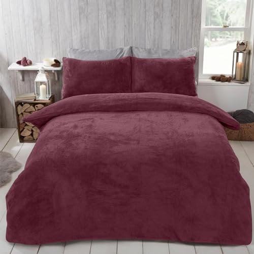 Brentfords Red Duvet Cover Single, Teddy Fleece Quilt Cover Thermal Bedding Set Winter Duvet Single Super Soft Comfy Bed Set Covers with Pillowcase, Burgundy