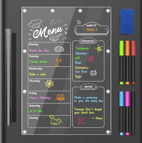 MoKo Calendrier Magnétique Acrylic, Tableau Frigo Planificateur Hebdomadaire de Repas & Liste, 42x30cm Planning Magnétique avec 6 Marqueurs Colorés, 1 Gomme & 1 Support