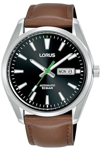 Lorus Klassische automatische Tages-/Datumsanzeige, 100 m (42,5 mm), schwarzes Sonnenschliff-Zifferblatt/braunes Leder RL457BX9