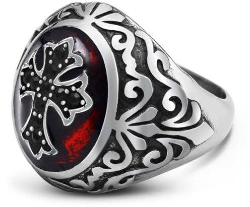 Kreuzritter-Kreuz-Ring, Schwarzer Ritterkreuzring für Herren, Funkelnd-Kreuz-Biker-Ring Kreuzfahrerkreuz-Schmuck aus schwarzem Kristall, Keltischer Tempelritter-Ring Gebetskreuz-Biker-Ring (18.1)