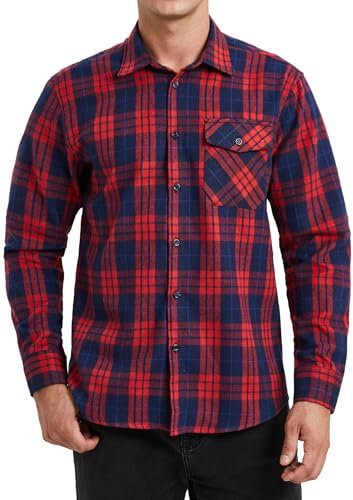 HISDERN Herrenhemden, langärmelig, lässig, Kariertes Flanellhemd, kariert, Button-Down-Hemden, Rot/Blau, 2XL