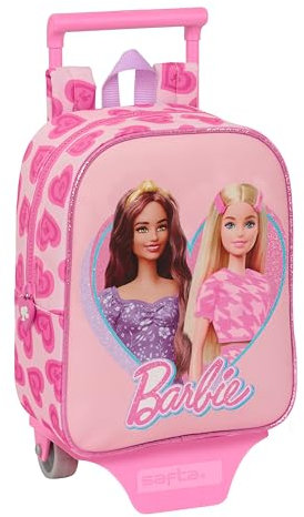 Safta BARBIE LOVE - Mochila Guardería con Carro, Ideal para Niños de Diferentes Edades, Cómoda y Versátil, Calidad y Resistencia, 22x10x27 cm, Color Rosa