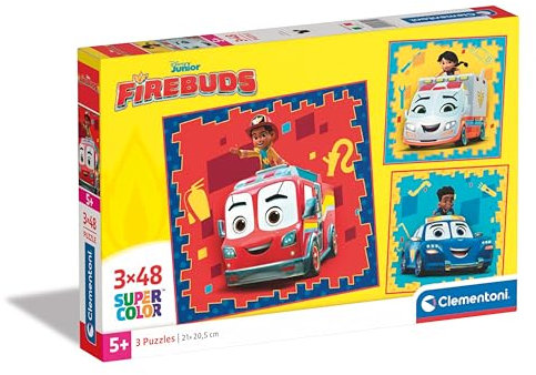 Clementoni Disney Firebuds Puzzle 3 x 48 Teile - Disney Puzzle 32 x 22 cm für Kinder ab 5 Jahre - buntes Kinderpuzzle mit besonderer Leuchtkraft & Farbintensität 25311