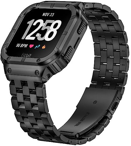 SUPLINK Edelstahl Gehäuse Band Kompatibel mit Fitbit Versa 4 Armband/Versa 3/Versa/Versa 2 Uhrenarmbänder Männer,Schutzhülle für Fitbit Sense/Versa Lite/Fitbit Sense 2 Armband,Schwarz