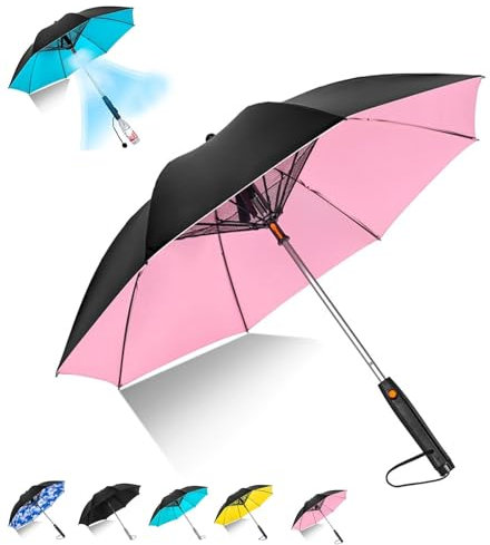 URWEIGH Paraguas 3 En 1 Con Ventilador,Paraguas Con Ventilador Y Rociador De Niebla,Paraguas De Ventilador Con Sombra De Nebulización,Paraguas Solar Recargable Por USB,protección UV (Rosa,One Size)