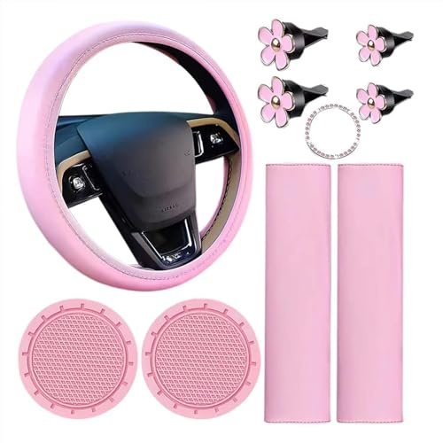 GIONAR Pink Car Accessories Set - Steering Wheel Cover, Seat Belt Pads, Cup Holders for Women's Interior