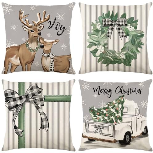 APROPHIC Weihnachten Kissenbezug 4-teiliges Set, Frohe Weihnachten Kissenbezug, Wohnkultur Leinen Dekokissen, Weihnachtsbaum, Schneeflocke, Rentier & LKW Muster für Weihnachtsdekoration, Grün