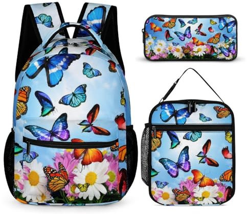 3 in 1 Kids Backpack for Boys And Girls, 3d Sky And Beautiful Butterfly Pattern Waterproof School Backpack with Lunch Box&Pencil Bag, Cute Bookbag Travel School Bag, Durable & Water-Resistant, for