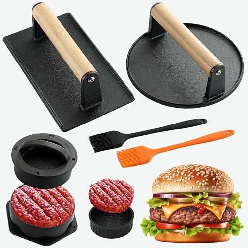 POLIGO Smash Burger Press Kit - 4 in 1 Stuffed Burger Mold, 2PCS Cast Iron Burger Presses, Sauce Brushes Included - Non Stick Smash Burger Press Set for Grill and Griddle Cooking