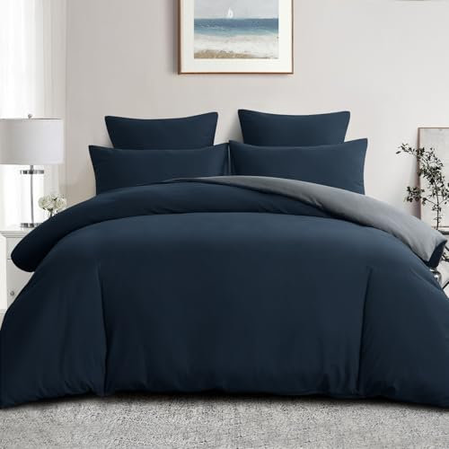 Aisbo Double Size Duvet Cover Set - 3Pcs Reversible Bedding Bed Set Navy Blue and Grey Double Soft Brushed Microfiber Quilt Cover with 2 Pillowcases 50x75cm