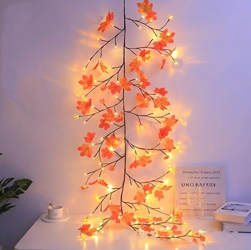 LED Beleuchtete Weide Rebe Ahorn Halloween Kürbis Fee Lichter USB betrieben mit 8-Modi, künstliche Weide Zweige Licht für Wand Chirstmas Thanksgiving Kamin Hochzeit Mädchen Schlafzimmer Dekor (6FT)