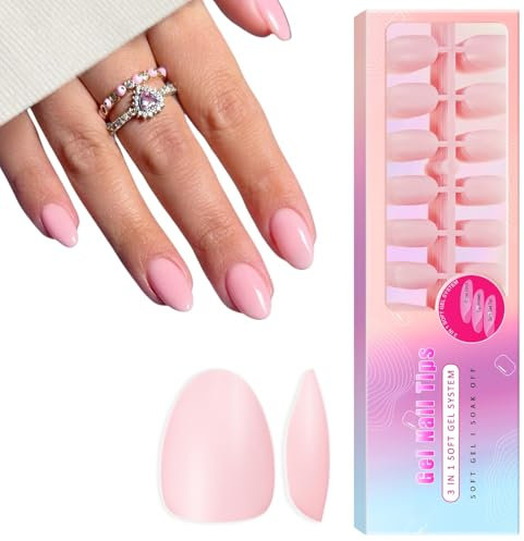 SXVME Soft Pre-Colored Acrylic Nail Tips, Pink False Nails Medium Short Oval, Solid Color Matte Gel Press on Nails Short Almond Full Cover Artificial Fake Nail Extensions for Women DIY 300 Pcs