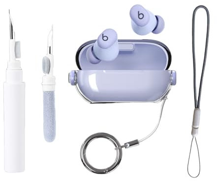 Lock Case Compatible with Beats Solo Buds Case Cover, Clear Clip with Cleaner Kit Keychain and Lanyard, Protective Case with Stand for Men Women
