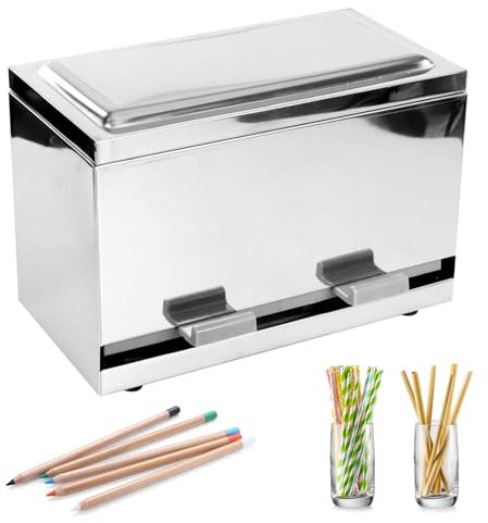 Straw Dispenser, 23 * 11.5 * 19 cm Stainless Steel Straw Storage Box with Metal Lid Stainless Steel Straws Organiser with Non-Slip Base for Restaurant Home and Bar Pen Organizer for Classroom