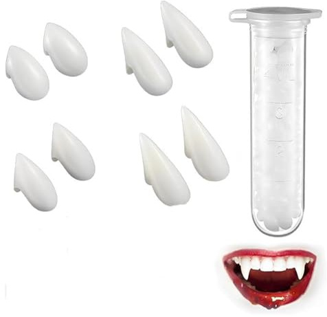 YANGWEN 4 Paia Denti da Vampiro Realistici per Adulti e Bambini, Canini Finti Halloween con Colla Termoformabile (13/15/17/19mm) - Accessorio per Costumi Horror e Cosplay