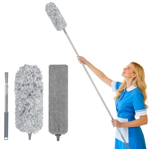 Fogray 2-in-1 Extendable Feather Duster & Gap Cleaning Tool Set Telescopic | Washable Microfiber Head with Soft Silicone Cap & Bendable Flat Crevice Duster for High Ceiling and Under Furniture Cobweb