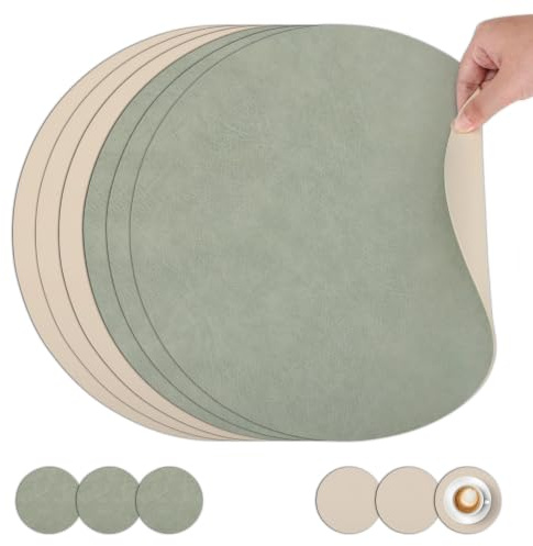 comfoyar Tischsets und Untersetzer Pu Leder Rund Hellgrün Weiß 6er Set | Doppelseitigen Abwaschbar und Wasserdicht Platzsets, Rutschfeste Platzdeckchen für Küche Esszimmer Dekoration, 33cm
