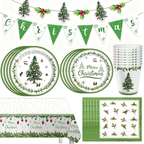 Christmas Party Tableware, 42pcs Xmas Tree Tableware Set, Plate, Cup, Napkin, Tablecloth, Banner, Xmas Decoration Paper Dinnerware Set-10people