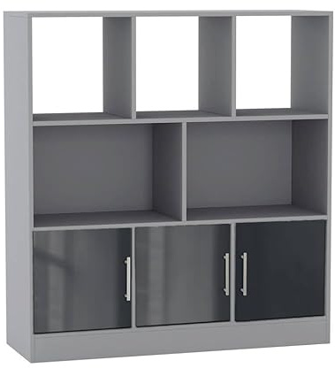 URBNLIVING Asymmetrical 8 Cube Grey Bookcase – Freestanding Storage Shelf Unit with 3 Doors for Living Room, Bedroom & Office - Gloss Doors - Grey