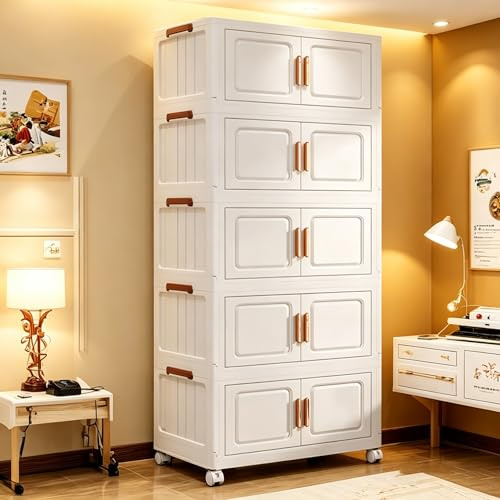Portable Wardrobe, 5-Tier Foldable Closet Storage Organizer with Wheels | Magnetic Doors Collapsible Plastic Cabinet for Clothes Toys Easy Assembly for Bedroom Living Room (White)
