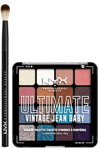 NYX Professional Makeup Palette Ombretti 16 Colori Altamente Pigmentati Ultimate Shadow 01 Vintage Jean Baby + Pennello Occhi per Sfumature Pro Brush Blending - Set da 2