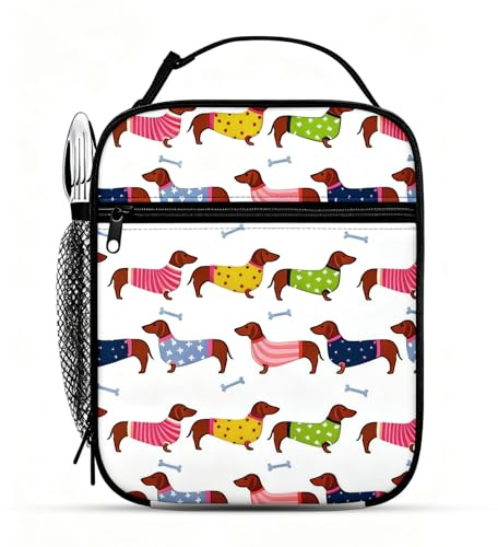 Qubitly Lunch Bag for Men Women, Adorable Dachshund Lunch Box with Funny Wiener Dog Design, Insulated Lunchbox for School, Office, Outdoor Work School Picnic Travel Beach (Dachshund)