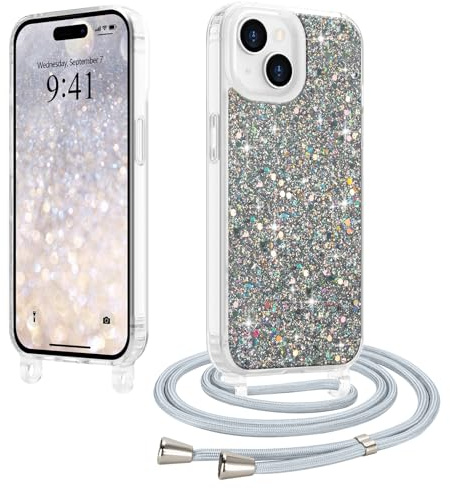 LCHULLE Crossbody Lanyard Case for iPhone 15 with Strap, Silver | Adjustable Removable Neck Strap, Sparkle Glitter Phone Cover for Women, Clear TPU Bumper, Shockproof Drop Protection