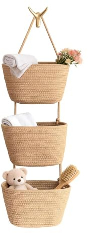 3-Etagen Baumwoll-Seil Wandkorb - Gewebte Aufbewahrungsorganizer mit Jute-Design für Schlafzimmer, Badezimmer, Küche & Wohnzimmer (A)