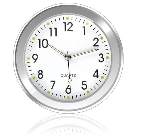 Selbstklebende Mini-Armaturenbrett-Uhr, Kleine analoge Uhr für Auto-Armaturenbrett zum Aufkleben, Auto Uh-r mit Beleuchtung und Quarzwerk, Kompakte Uh-r für Fahrzeuge und Innenräume (Weiß)