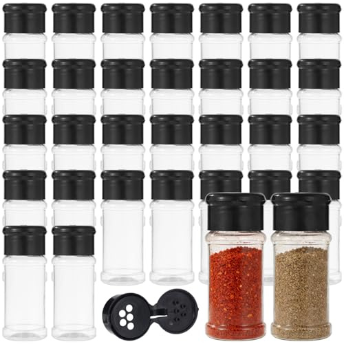 100 Pcs 60ml Empty Plastic Spice Jars with Black Shaker Lids | Clear refillable bottles with flip shaker caps for herbs, spices, powders, kitchen, pantry, catering and craft storage