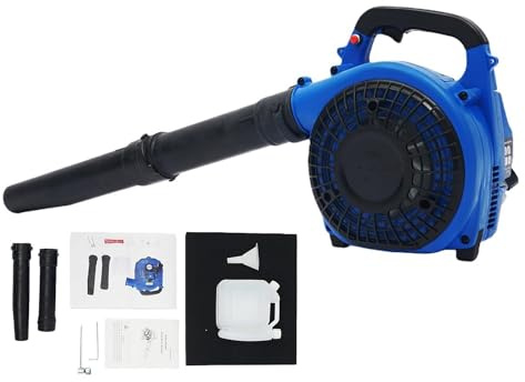 HUOMMGS 25,4CC Laubbläser Benzin Upgradelaubsauger mit 2 Blasrohre 2-Takt-Luftgekühlter Motor 750W Handheldlaubbläser Tragbar Laubsauger Benzin Handgasgebläse für Schneeräumen, Sand (Blau)