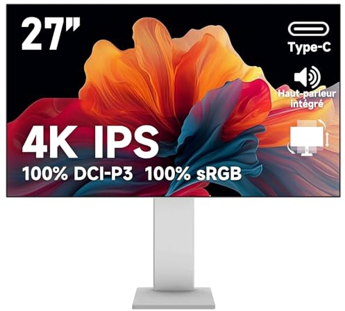 Gawfolk Écran PC IPS 4K UHD de 27 Pouces, Moniteur 3840×2160 | 100%sRGB et 100%DCI-P3, Type-C, DisplayPort, HDMI, haut-parleurs intégrés, réglable en hauteur et orientable –argenté