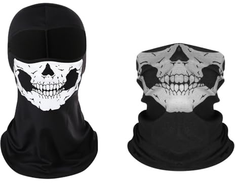 2 Stück Ghost Maske, Motorrad Totenkopf Maske, Multifunktionstuch Balaclava Totenkopf Halstuch Schädel Bandanas Skull Sturmhauben, Halloween Kopftuch für Fahrrad, Motorrad, Skateboard, Laufen, Angeln