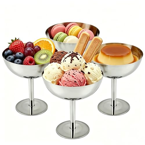 YuLiMirich 4er Set Edelstahl Eisbecher - Vintage Edelstahl Dessertschale, Cocktail Gläser, Ice Cream Sundae Dessertgläser für Obst Salat Joghurt und Fruchtpudding für Partys (Tall - A Stil, 4er Set)